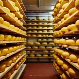 A chilled storage unit full of wheels of Welsh cheese 
