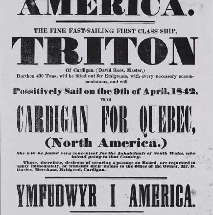 Poster advertising a ship sailing from Cardigan to Quebec on 9 April 1842