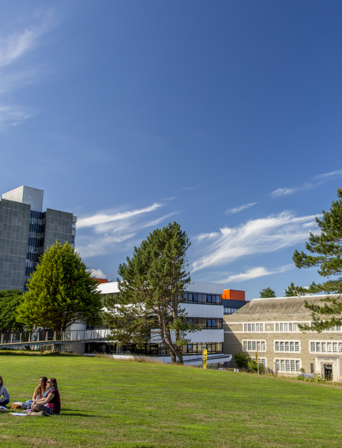Students sitting on the lawn outside university building