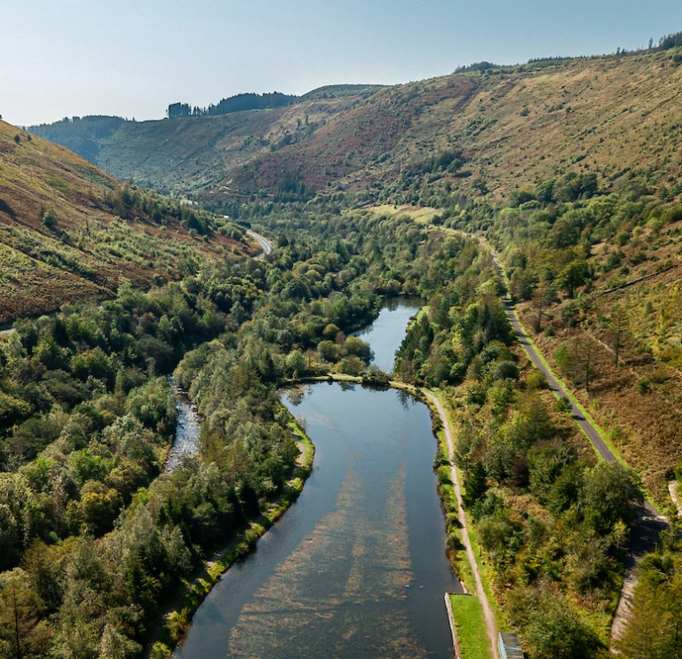 Drone shot of a lake surrounded by green forested mountains