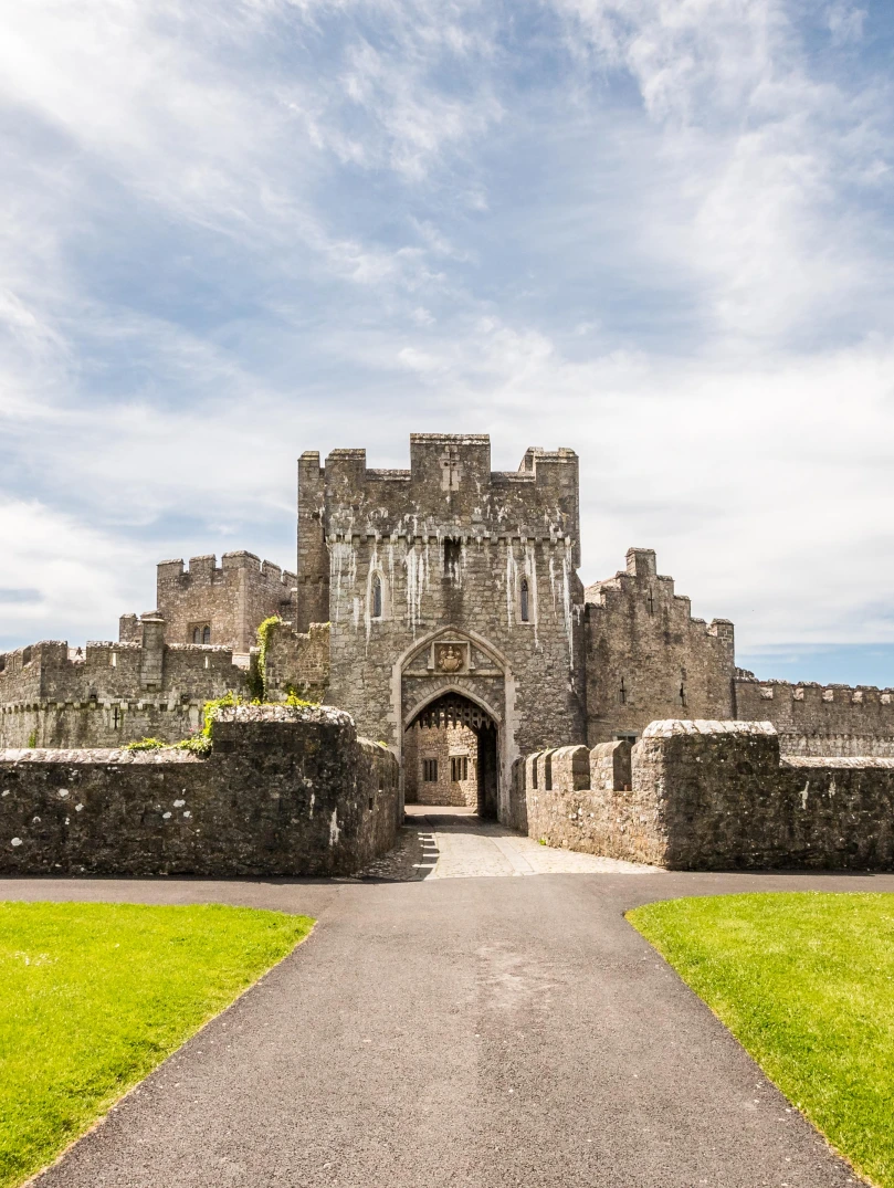 Exterior shot of the entrance to an old castle.