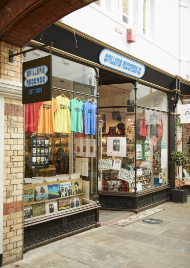 External view of a colourful record store window