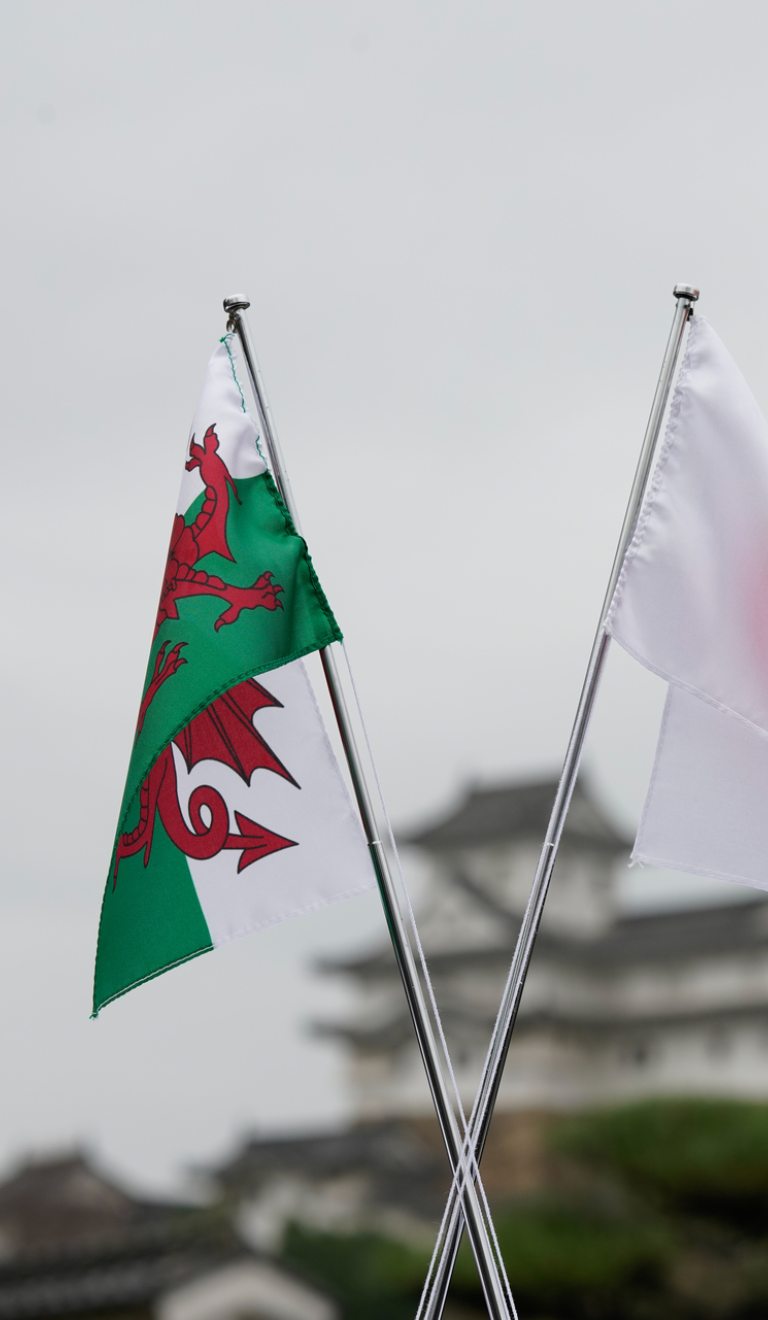 A Welsh flag and a Japanese flag in front of Himeji Castle.
