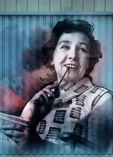 Hologram image of Elaine against a blue background - she has a pen in hand brought close to her mouth and a book in her other hand. She is wearing a black and white checked top.