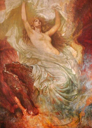 A painting depicting Gwenllian loosely wrapped in a white sheet with flowing auburn hair with her arms stretched above her