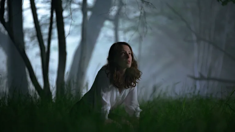 A person on their knees in the grass in a dimly lit, spooky wood at night