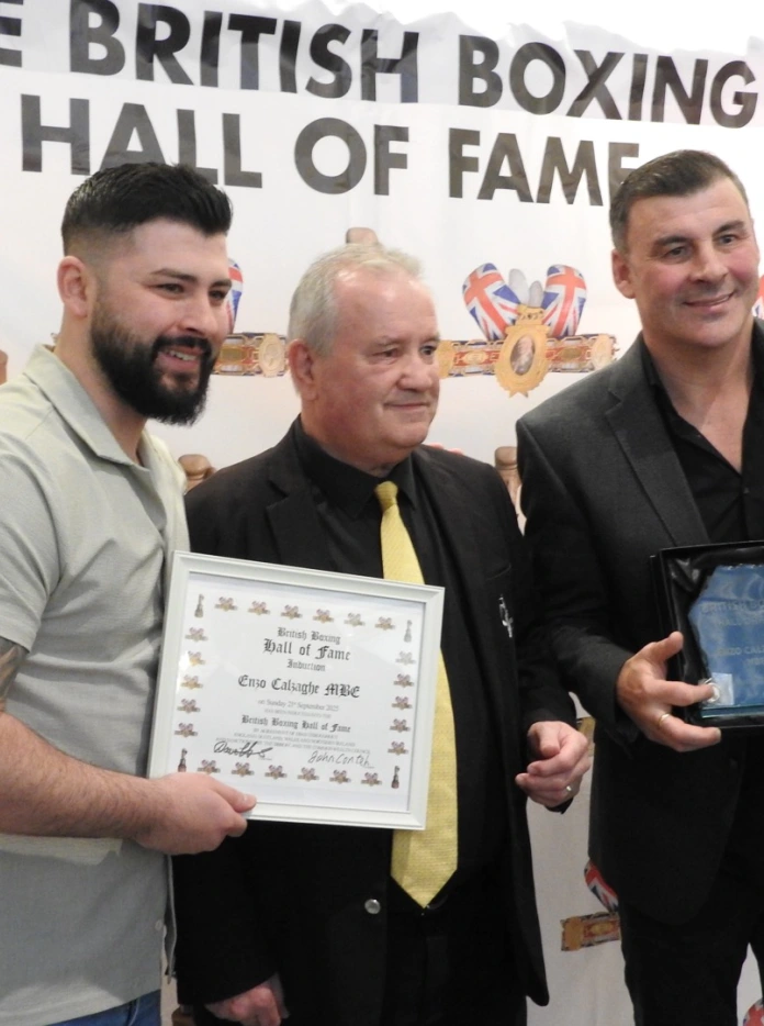 Boxer Joe Calzaghe is inducted into the British Boxing Hall of Fame at a ceremony in Hastings.