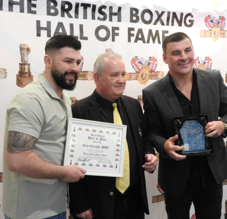 Boxer Joe Calzaghe is inducted into the British Boxing Hall of Fame at a ceremony in Hastings.
