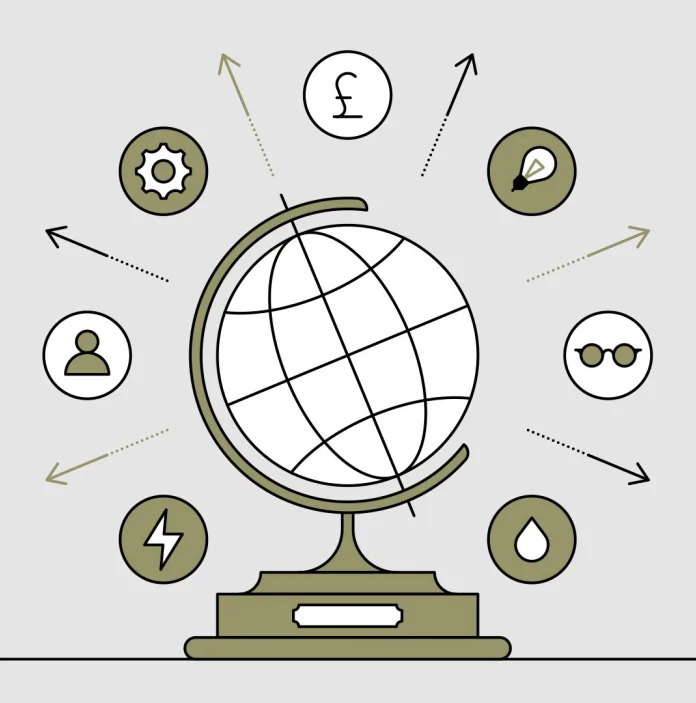 Infographic of globe with lifestyle icons surrounding it