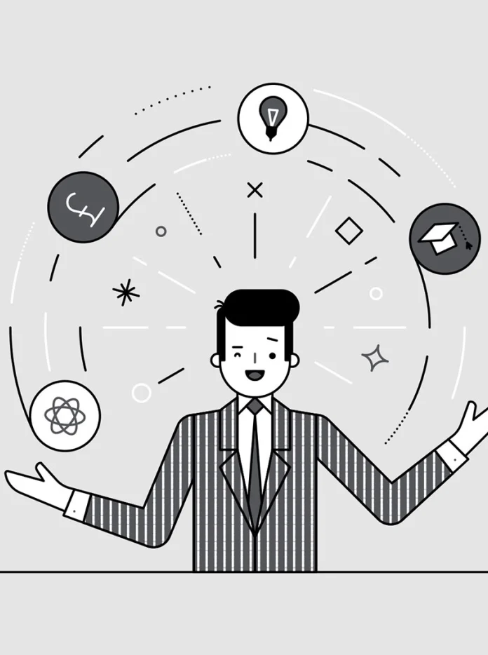 Infographie de l'homme jonglant des icônes de style de vie tels que l'argent et l'éducation