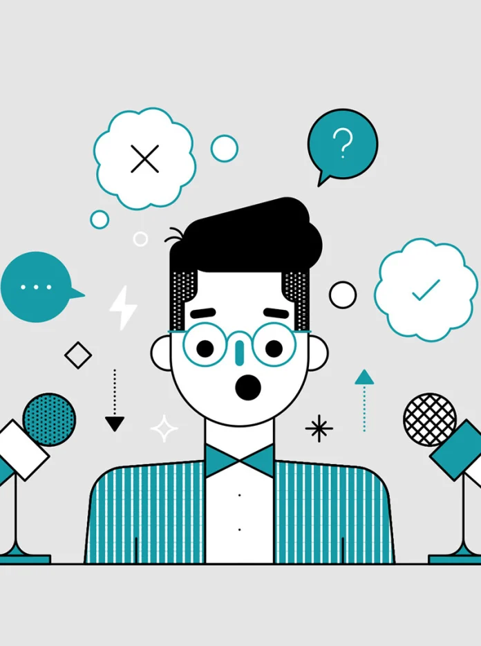 Infographie d'un mâle stressé avec des micros et des bulles de parole pointant vers lui