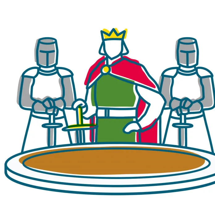 An illustration showing King Arthur and two knights standing next to a round table