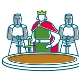 An illustration showing King Arthur and two knights standing next to a round table