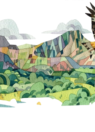 Illustrations de montagnes avec un oiseau de proie en vol
