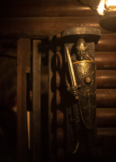 Brass knight in entrance to King Arthur's Labyrinth