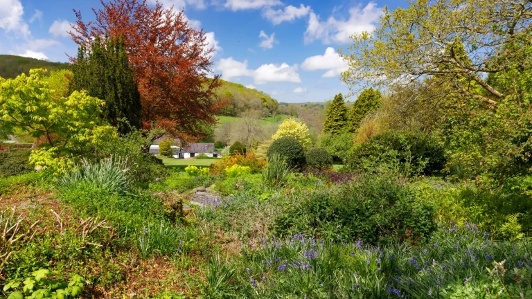 A stone cottage surrounded by trees and countryside.