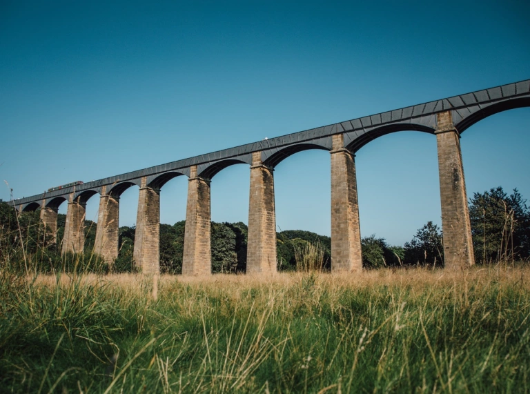 A tall brick aqueduct