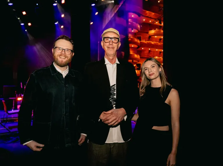 Huw Stephens, Pino Palladino and Sian Eleri posing for the camera at the 2025 Welsh Music Prize