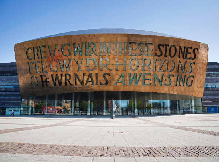 Exterior of the Wales Millennium Centre showing bilingual inscription