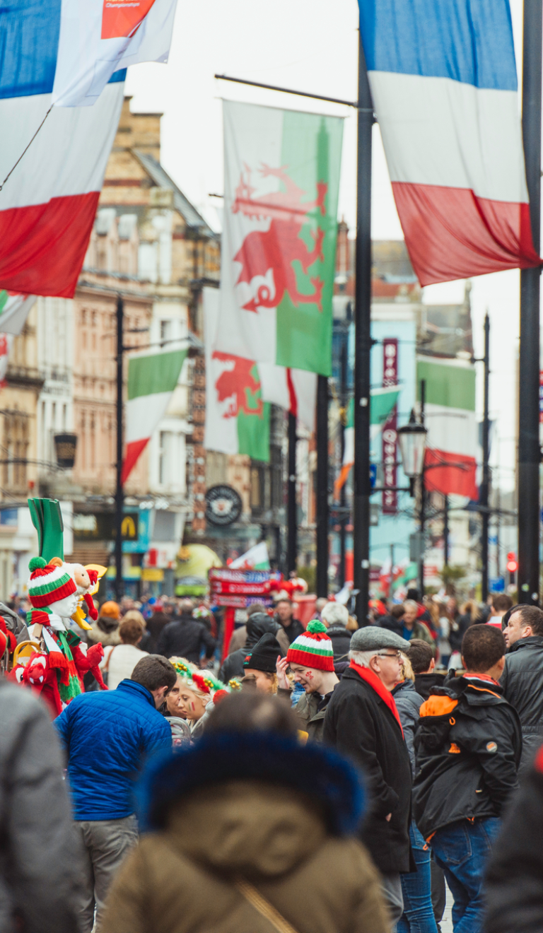 A busy street in Cardiff city centre on an international rugby day