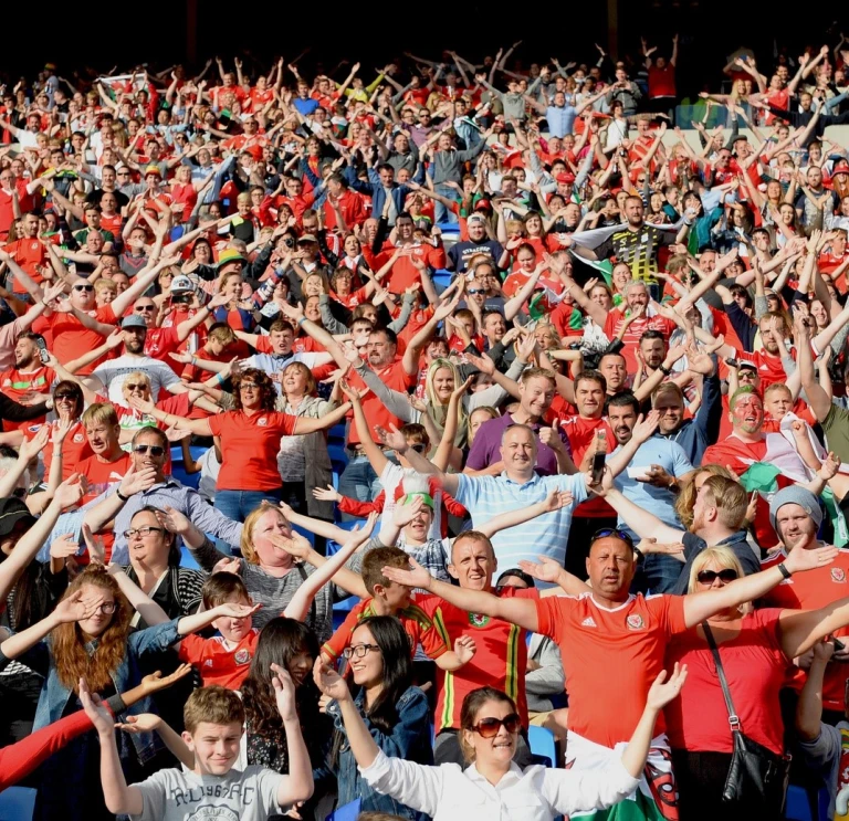 A crowd of people at a football game singing the national anthem.
