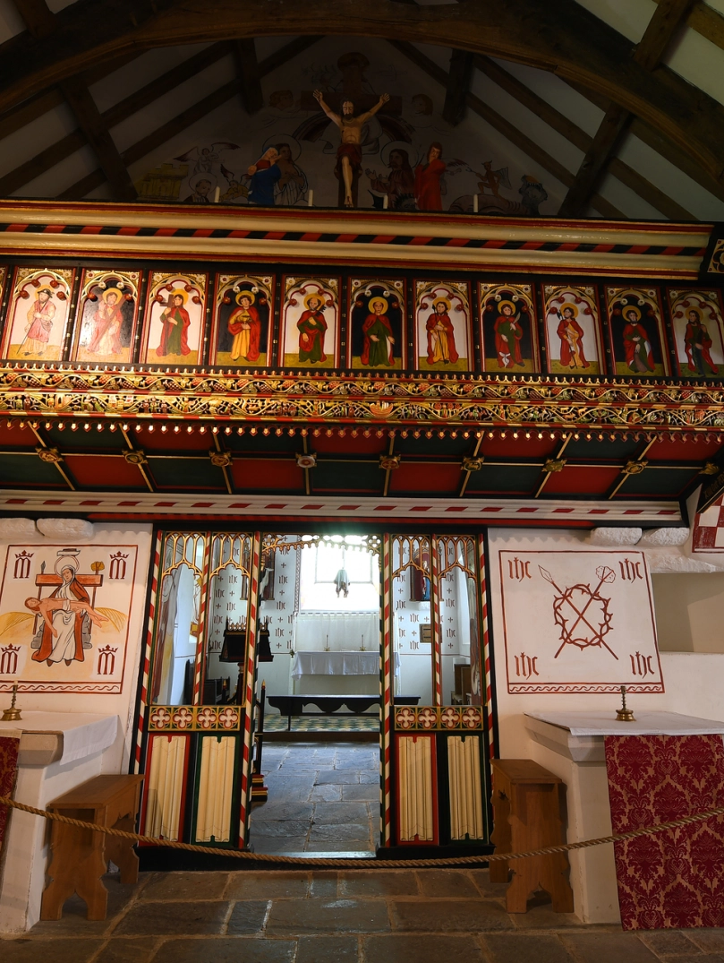 interior of church with highly decorative walls.