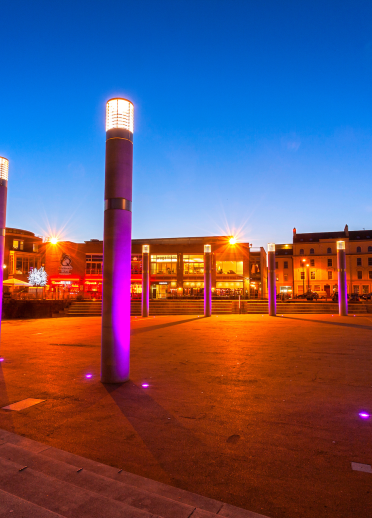 Roald Dahl Plass at dusk / night, Cardiff Bay