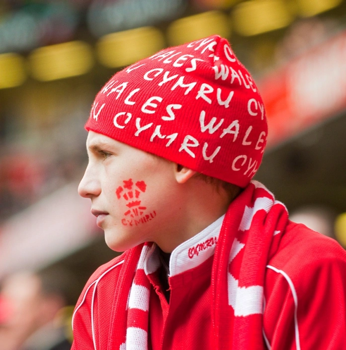 A young boy wearing Welsh rugby supporters clothes