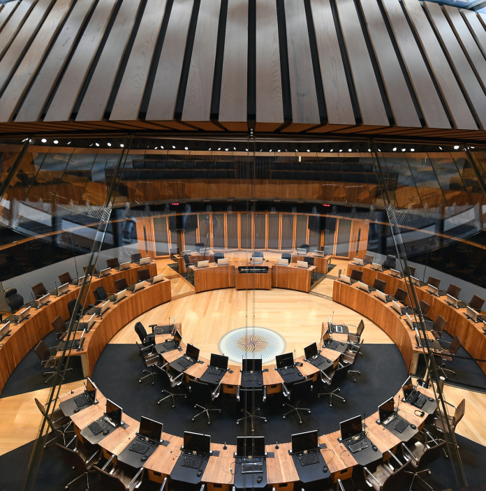 view of circular arrangement of desks from above 
