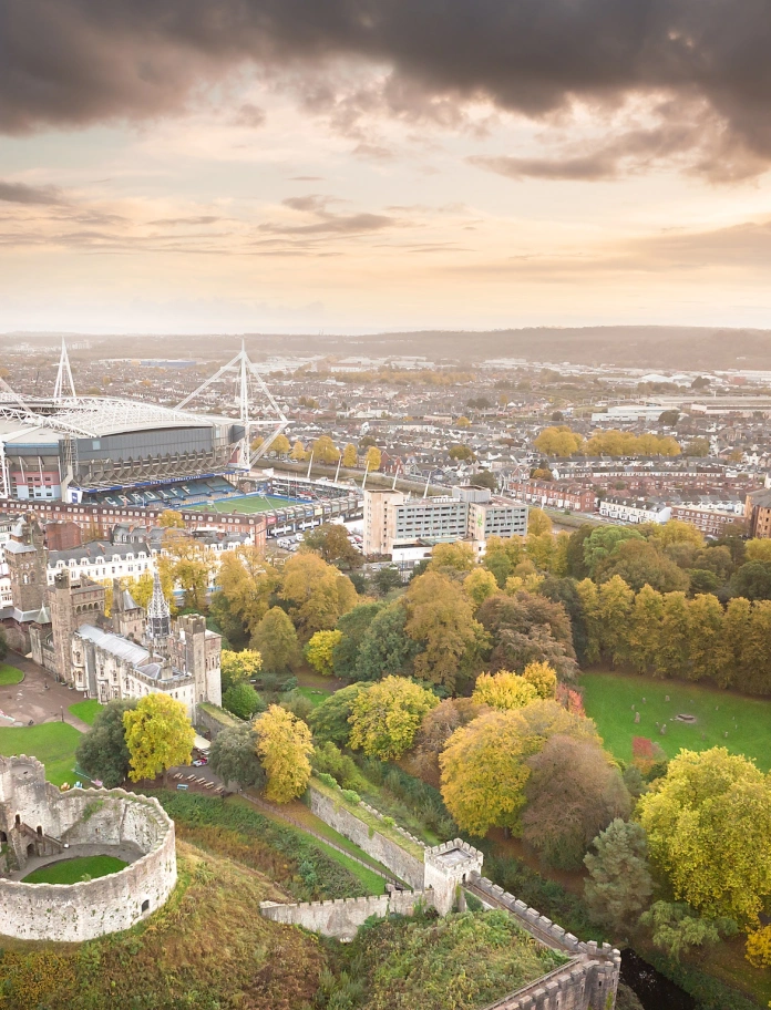 A view of Cardiff Castle and Principality Stadium