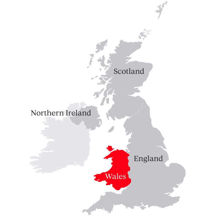 Illustrated map of the UK, showing Wales in context with England, Scotland and Northern Ireland
