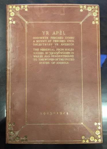 The cover of an old brown book entitled Yr Apel
