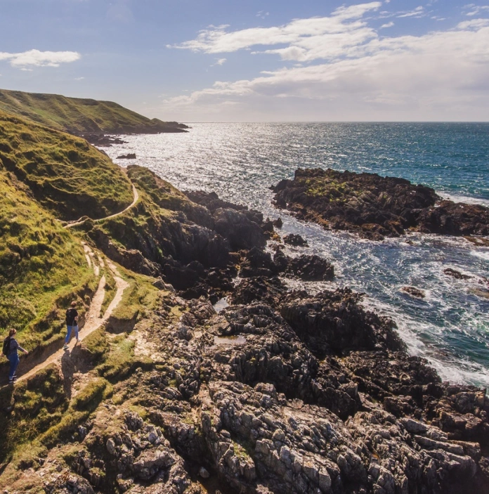 A rugged green mountainous scene positioned next to a blue sea scene