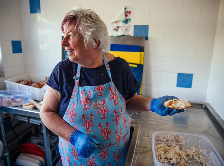 Mandy Walters, preparing crab meat- Cardigan Bay