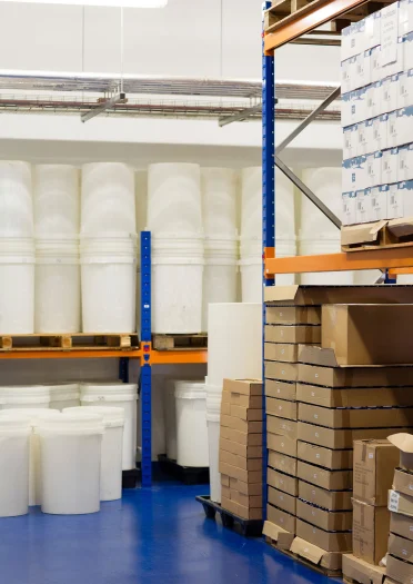 Salt packaged on shelves in warehouse