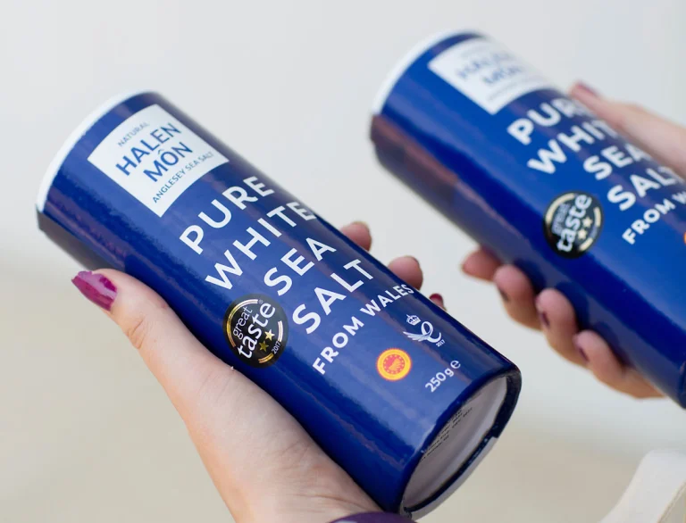 Pure white sea salt, branded and packaged