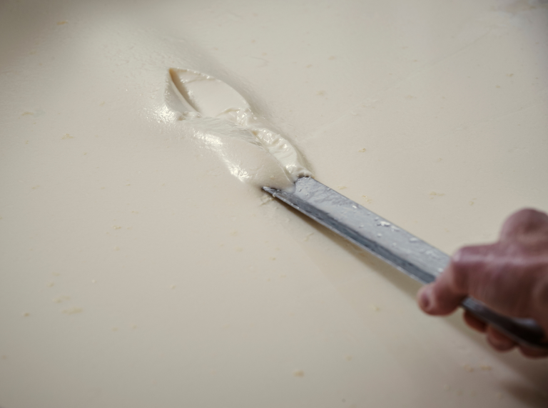 Close-up of raw milk from Cilcert Farm, used to make Caws Teifi cheeses.