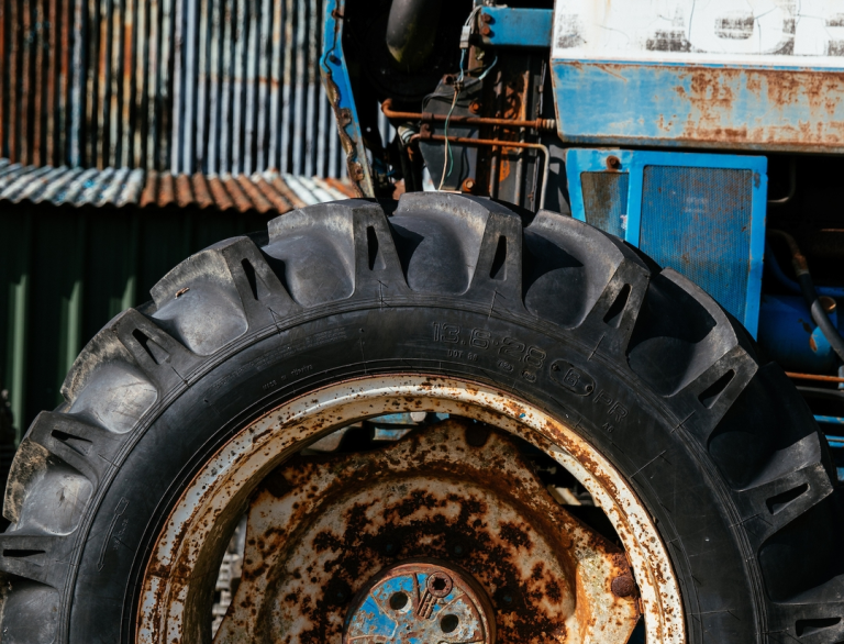 Close up of a tractor wheel on Blaengawney Farm, where Hallets Cider is produced.