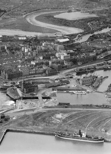Black and white aerial image of Cardiff Docks (historical).